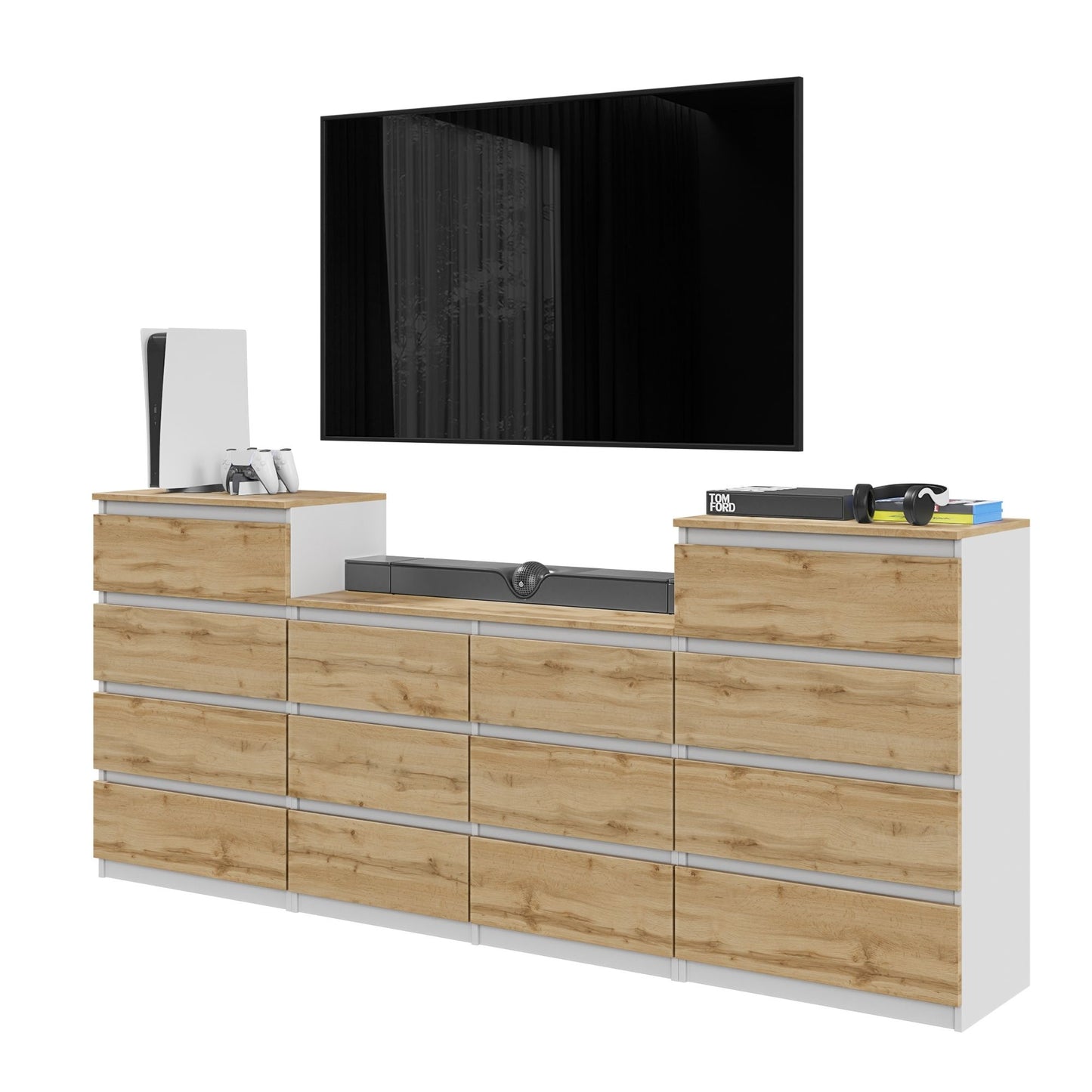 GABRIEL - Commode 14 Tiroirs (4+6+4) - H92cm L220cm P33cm (Blanc / Chêne Wotan)