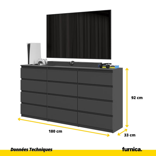 GABRIEL - Commode 12 Tiroirs (8+4) - H92cm L180cm P33cm (Anthracite)