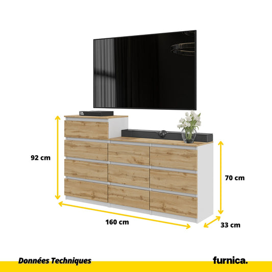 GABRIEL - Commode 10 Tiroirs (6+4) - H92/70 cm L160 cm P33 cm (Blanc / Chêne Wotan)