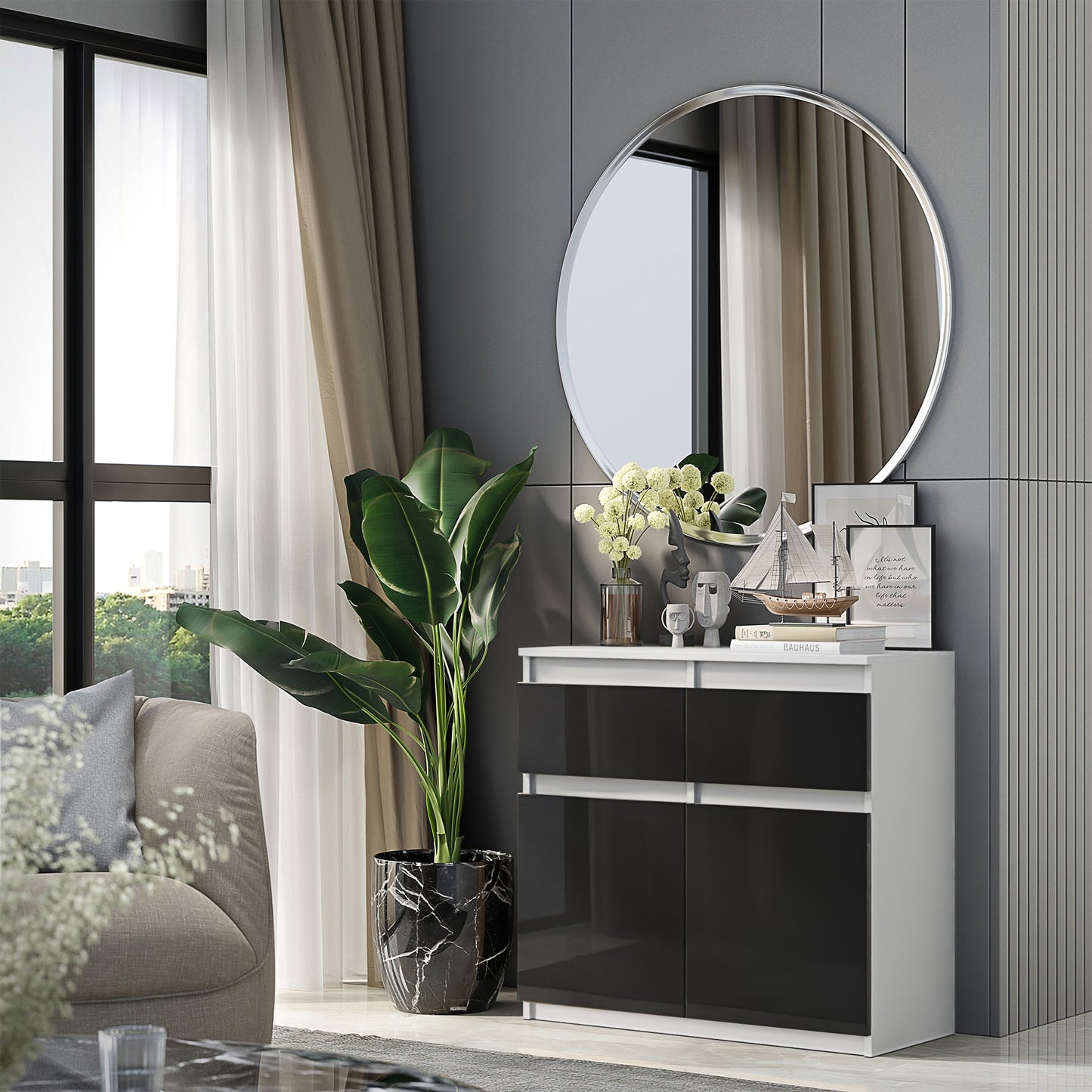 NOAH - Commode 2 Tiroirs et 2 Portes - Meuble de Rangement pour Couloir/Chambre - Buffet - H75cm L80cm P35cm (Blanc/Noir Brillant)