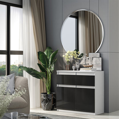 NOAH - Commode 2 Tiroirs et 2 Portes - Meuble de Rangement pour Couloir/Chambre - Buffet - H75cm L80cm P35cm (Blanc/Noir Brillant)
