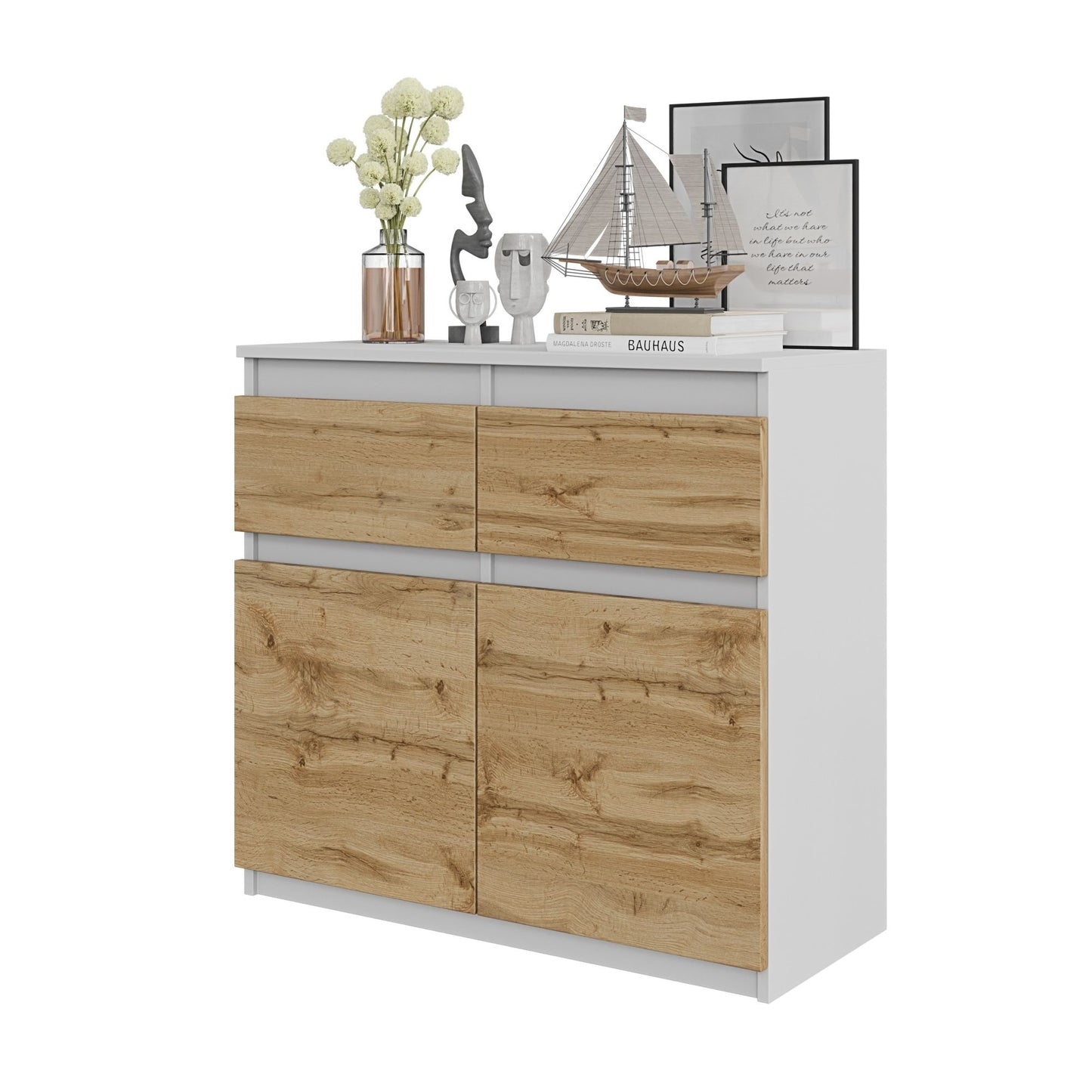 NOAH - Commode 2 Tiroirs et 2 Portes - Meuble de Rangement pour Couloir/Chambre - Buffet - H75cm L80cm P35cm (Blanc/Chêne Wotan)
