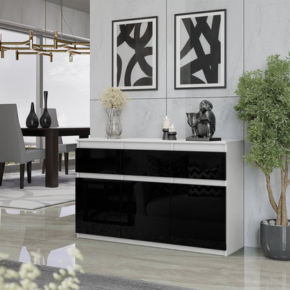 NOAH - Commode 3 Tiroirs et 3 Portes - Meuble de Rangement pour Couloir/Chambre - Buffet - H75cm L120cm P35cm (Blanc/Noir Brillant)