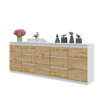 MIKEL - Commode 6 Tiroirs et 3 Portes - Armoire de Rangement pour Couloir / Chambre à Coucher - Buffet - Blanc Matt / Chêne Wotan H75cm L200cm P35cm