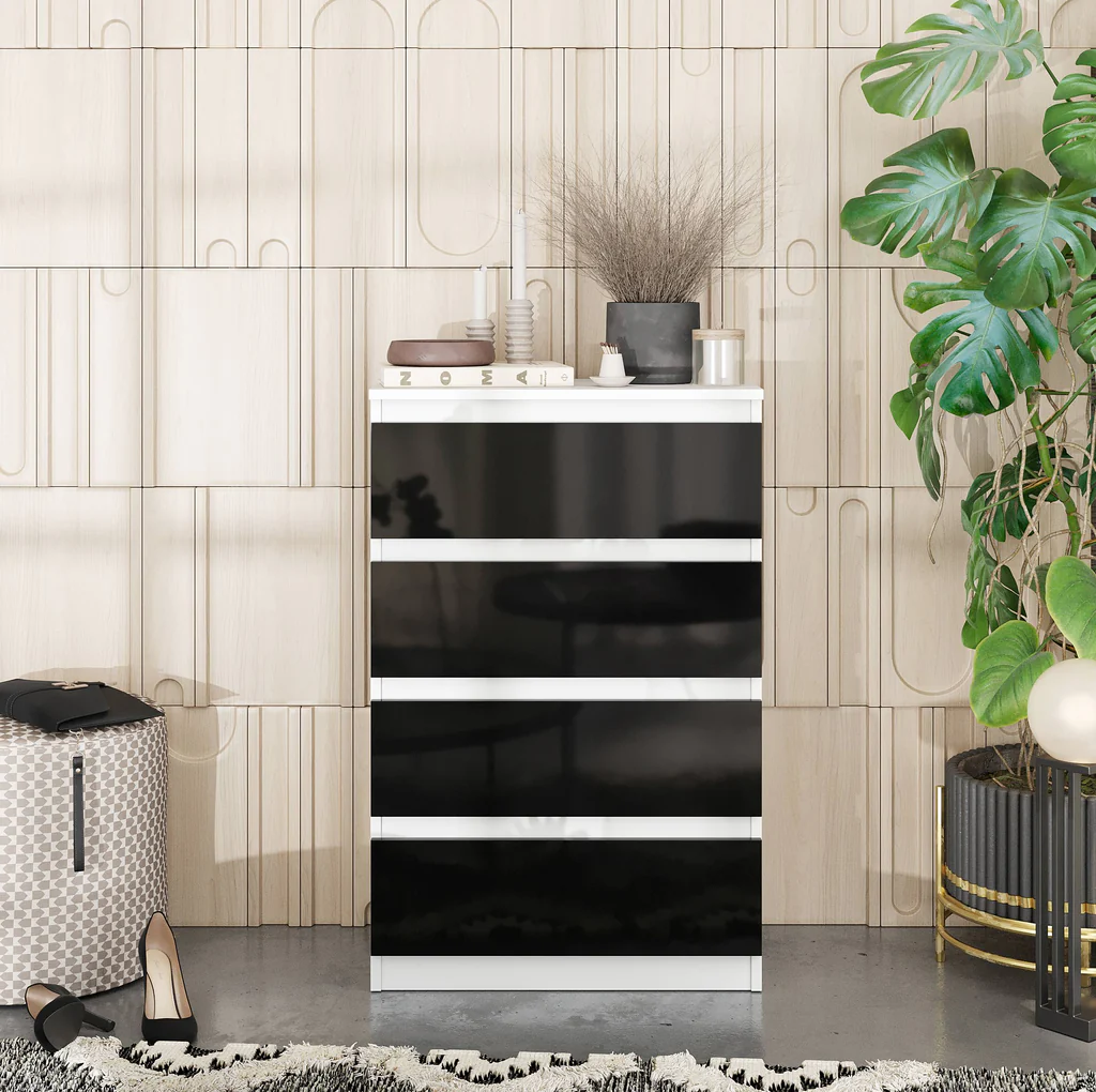GABRIEL - Commode 4 Tiroirs - Table de Chevet Buffet - H92cm L60cm P33cm (Blanc / Noir Brillant)