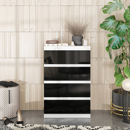 GABRIEL - Commode 4 Tiroirs - Table de Chevet Buffet - H92cm L60cm P33cm (Blanc / Noir Brillant)