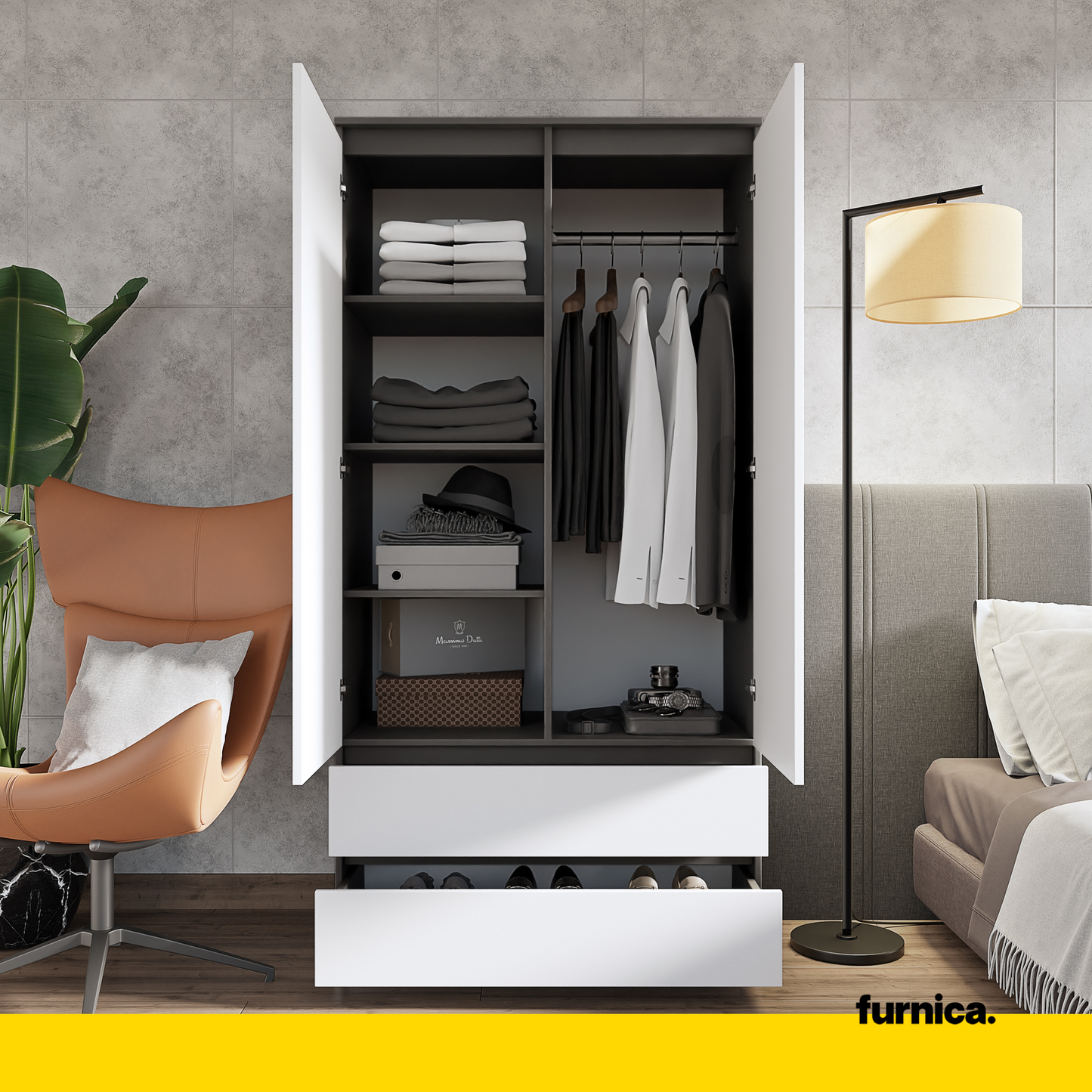 JOELLE - Armoire 2 Portes avec 2 Tiroirs - Anthracite / Blanc Matt H180cm L90cm P50cm