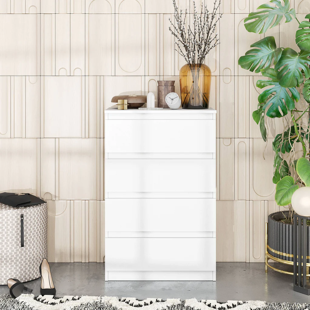 GABRIEL - Commode 4 Tiroirs - Table de Chevet Buffet - H92cm L60cm P33cm (Blanc)