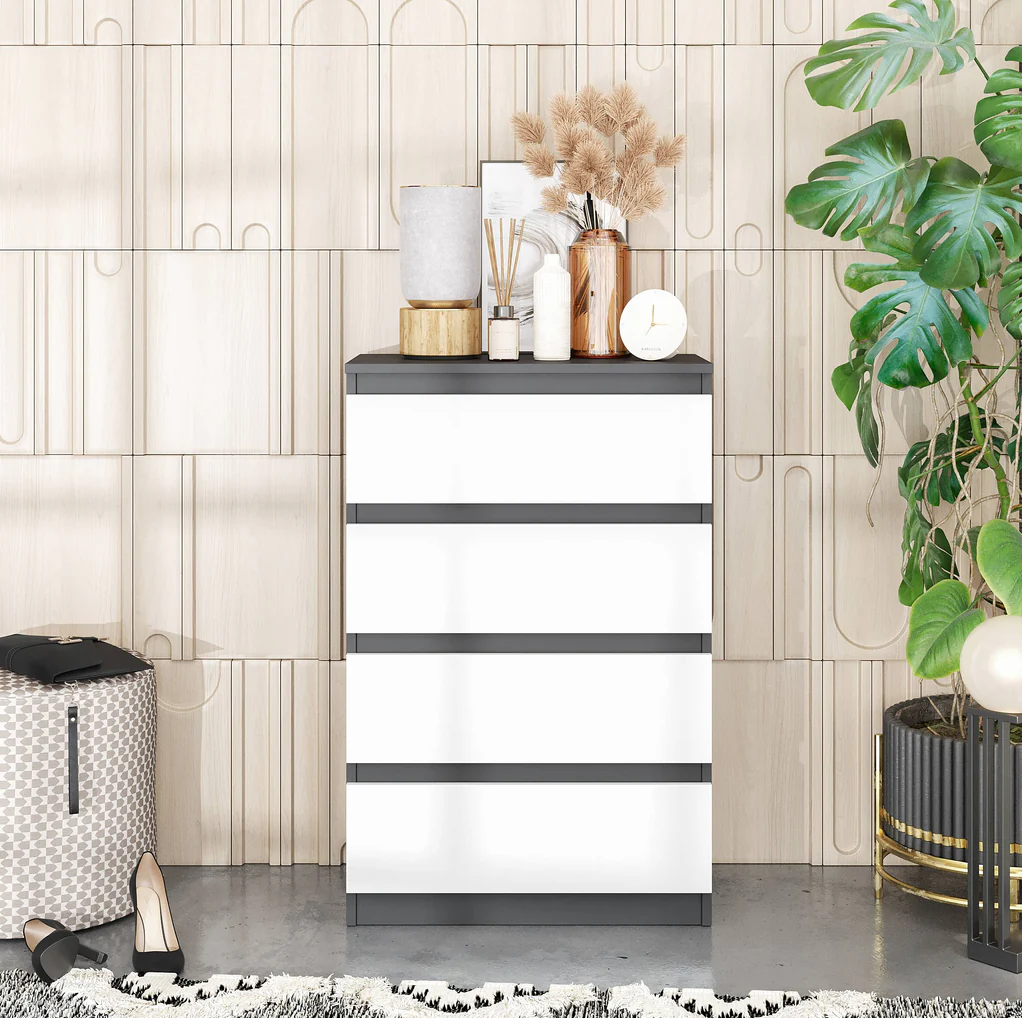 GABRIEL - Commode 4 Tiroirs - Table de Chevet Buffet - H92cm L60cm P33cm (Anthracite / Blanc Matt)