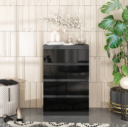 GABRIEL - Commode 4 Tiroirs - Table de Chevet Buffet - H92cm L60cm P33cm (Anthracite / Noir Brillant)