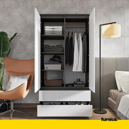 JOELLE - Armoire 2 Portes avec 2 Tiroirs - Anthracite / Blanc Brillant H180cm L90cm P50cm