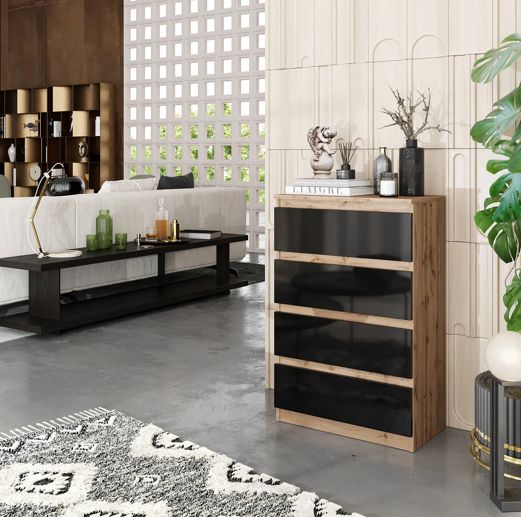 GABRIEL - Commode 4 Tiroirs - Table de Chevet Buffet - H92cm L60cm P33cm (Chêne Wotan / Noir Brillant)