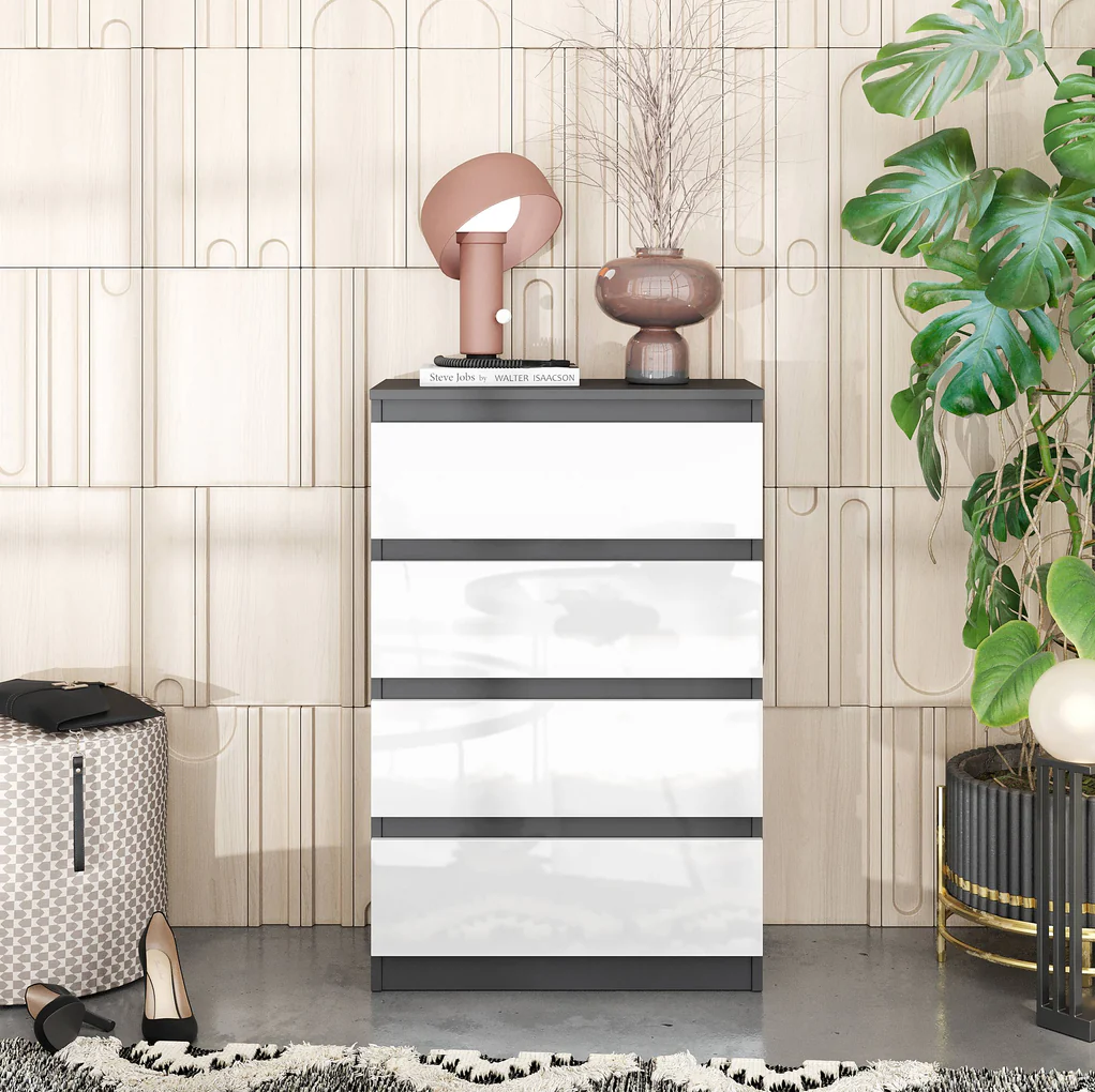 GABRIEL - Commode 4 Tiroirs - Table de Chevet Buffet - H92cm L60cm P33cm (Anthracite / Blanc Brillant)