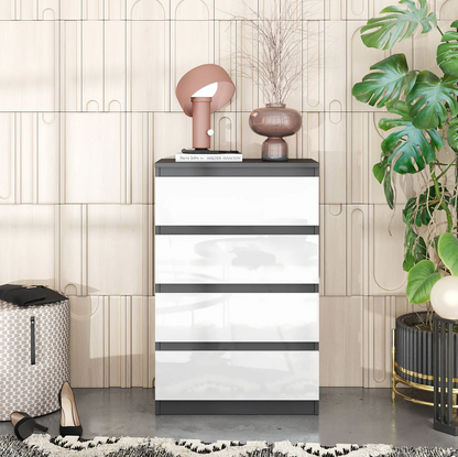 GABRIEL - Commode 4 Tiroirs - Table de Chevet Buffet - H92cm L60cm P33cm (Anthracite / Blanc Brillant)