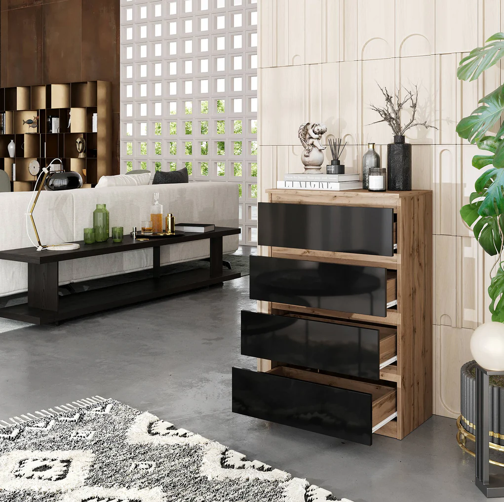 GABRIEL - Commode 4 Tiroirs - Table de Chevet Buffet - H92cm L60cm P33cm (Chêne Wotan / Noir Brillant)