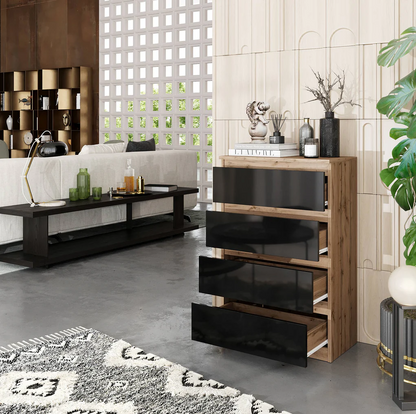 GABRIEL - Commode 4 Tiroirs - Table de Chevet Buffet - H92cm L60cm P33cm (Chêne Wotan / Noir Brillant)