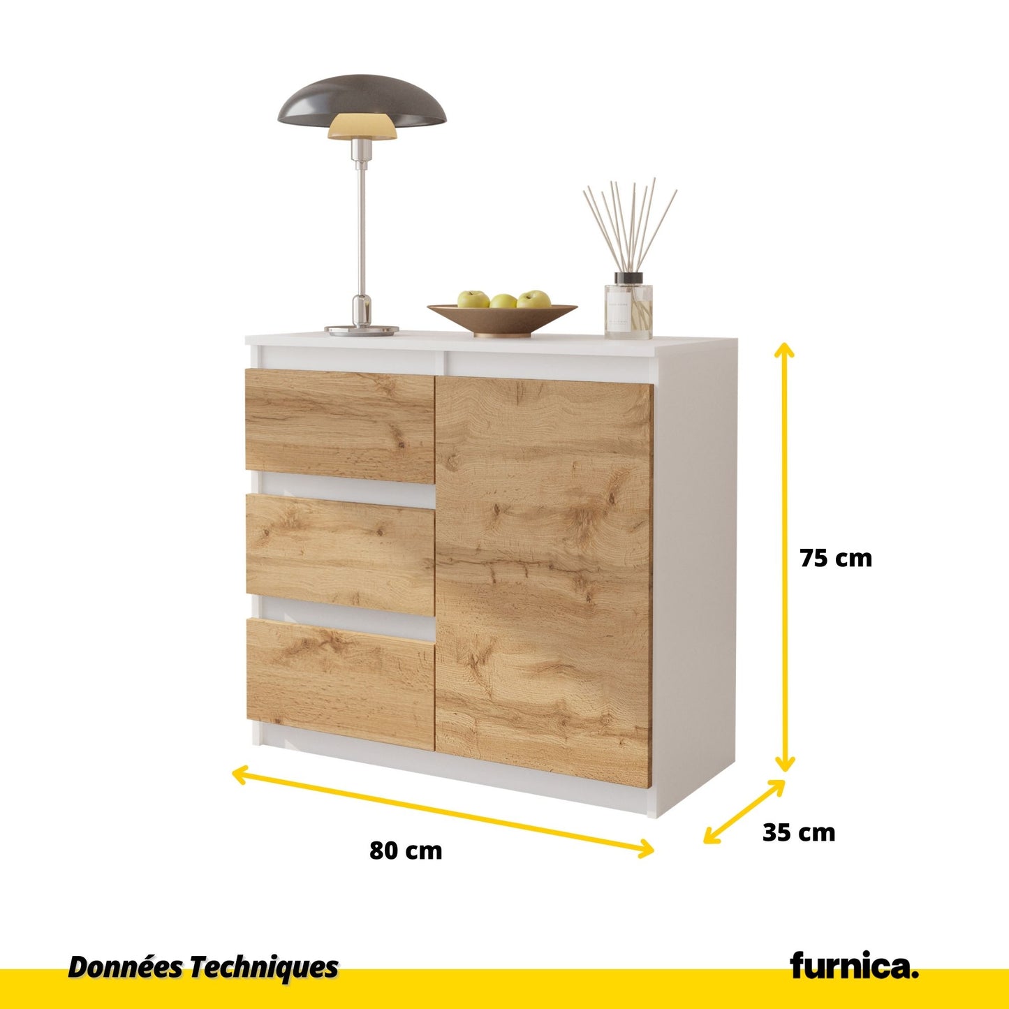 MIKEL - Commode 3 Tiroirs et 1 Porte - Armoire de Rangement pour Couloir/Chambre à Coucher - Buffet - H75cm L80cm P35cm (Blanc/Chêne Wotan)
