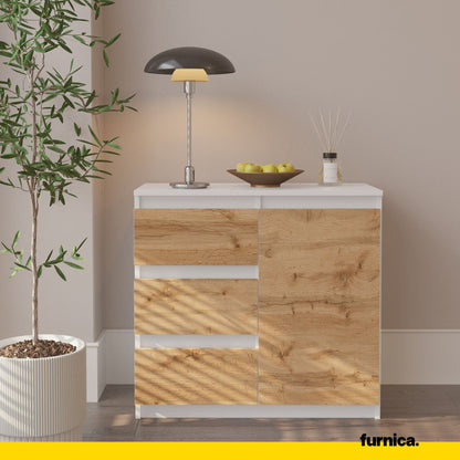 MIKEL - Commode 3 Tiroirs et 1 Porte - Armoire de Rangement pour Couloir/Chambre à Coucher - Buffet - H75cm L80cm P35cm (Blanc/Chêne Wotan)