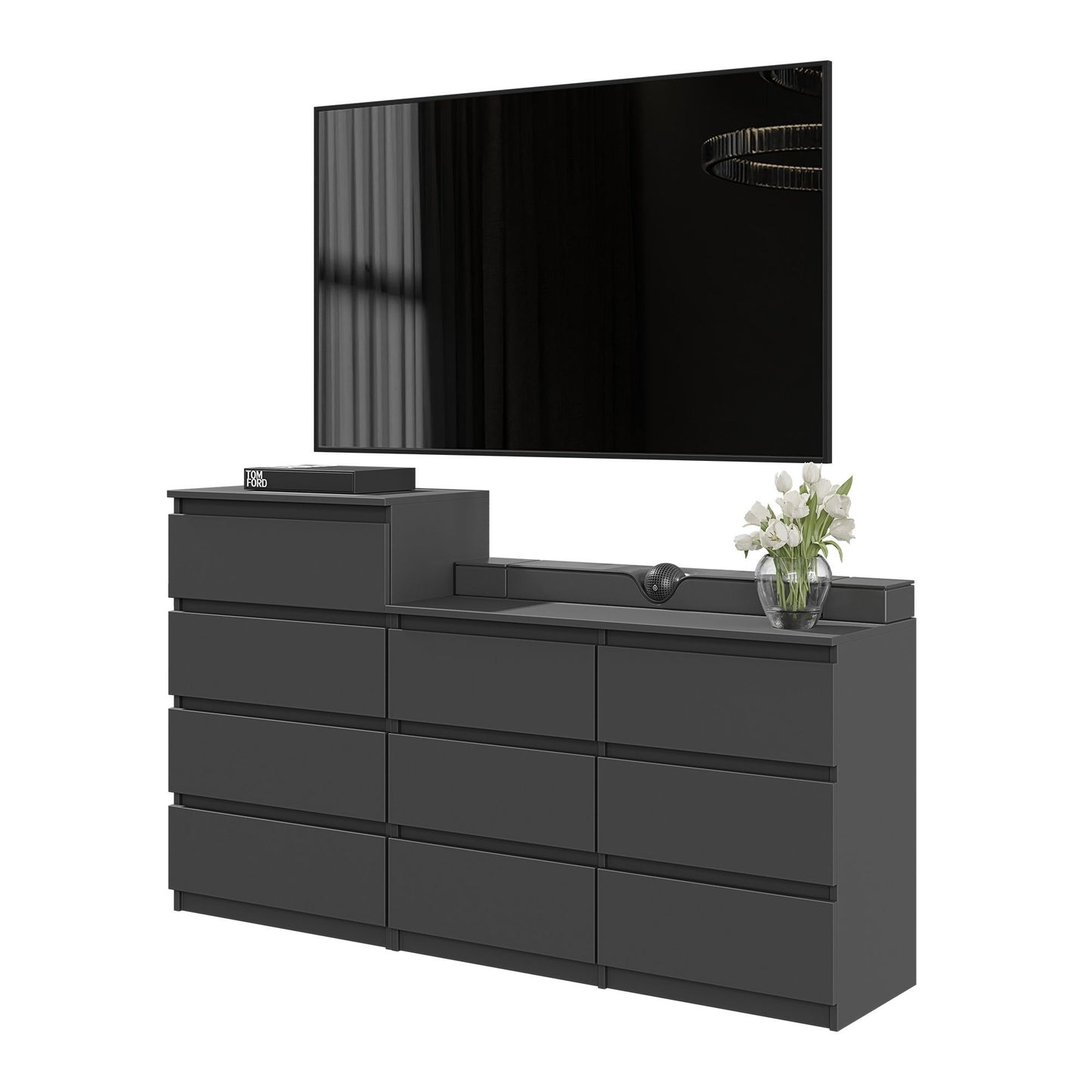 GABRIEL - Commode 10 Tiroirs (6+4) - H92/70 cm L160 cm P33 cm (Anthracite)