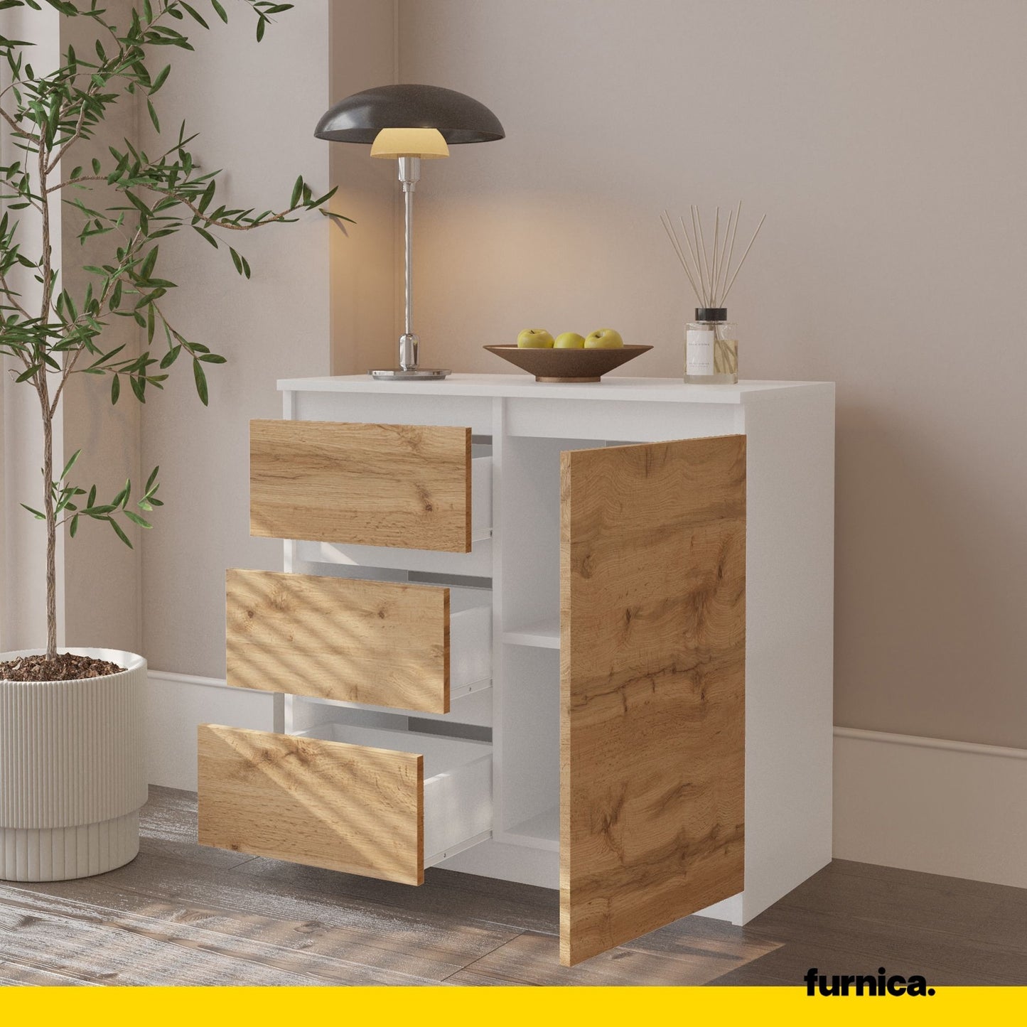 MIKEL - Commode 3 Tiroirs et 1 Porte - Armoire de Rangement pour Couloir/Chambre à Coucher - Buffet - H75cm L80cm P35cm (Blanc/Chêne Wotan)