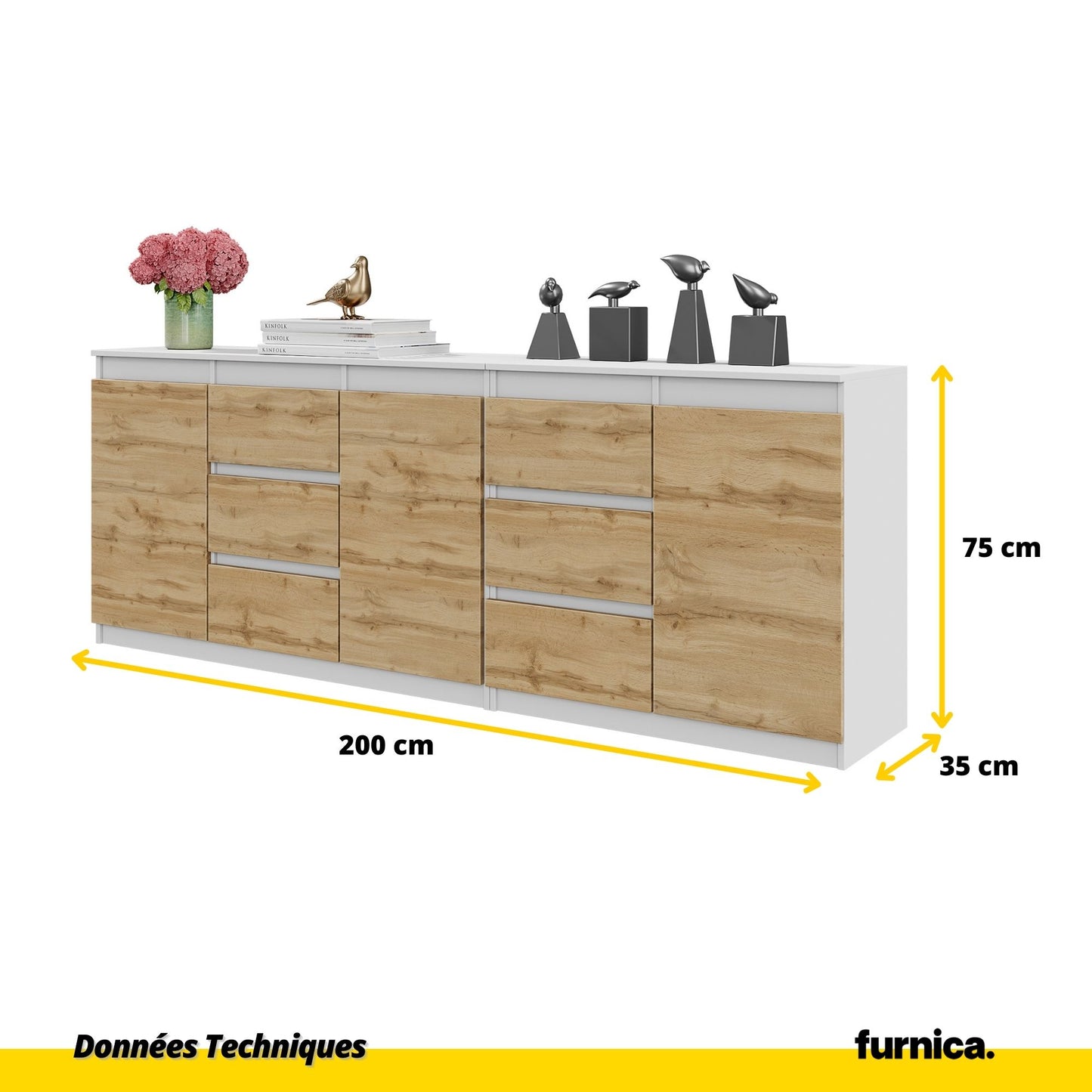 MIKEL - Commode 6 Tiroirs et 3 Portes - Armoire de Rangement pour Couloir / Chambre à Coucher - Buffet - Blanc Matt / Chêne Wotan H75cm L200cm P35cm