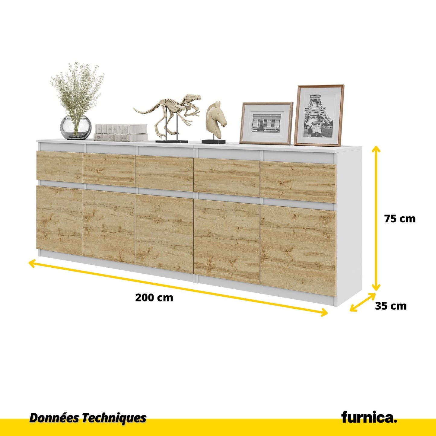NOAH - Commode 5 Tiroirs et 5 Portes - Armoire de Rangement pour Couloir / Chambre à Coucher - Buffet - Blanc Matt / Chêne Wotan H75cm L200cm P35cm