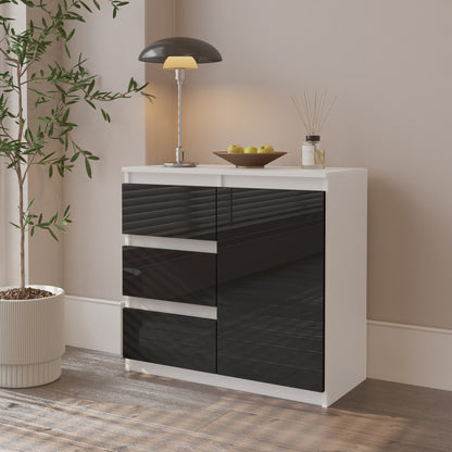 MIKEL - Commode 3 Tiroirs et 1 Porte - Armoire de Rangement pour Couloir/Chambre à Coucher - Buffet - H75cm L80cm P35cm (Blanc/Noir Brillant)