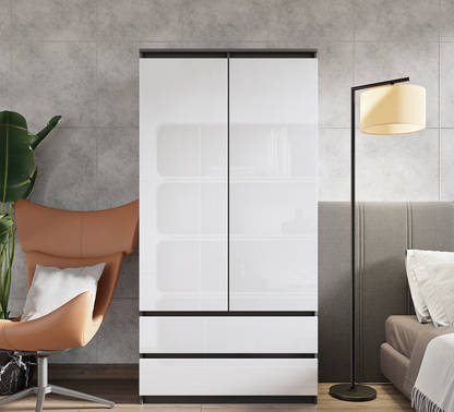 JOELLE - Armoire 2 Portes avec 2 Tiroirs - Anthracite / Blanc Brillant H180cm L90cm P50cm