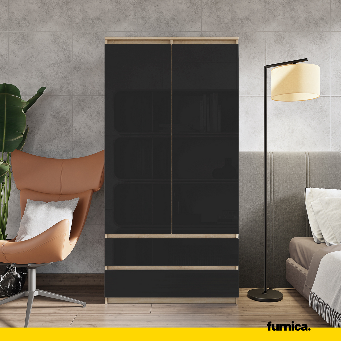JOELLE - Armoire 2 Portes avec 2 Tiroirs - Chêne Sonoma / Noir Brillant H180cm L90cm P50cm