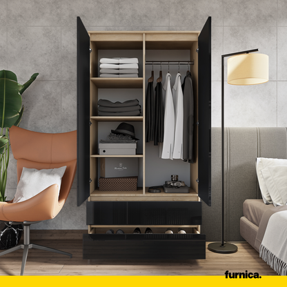 JOELLE - Armoire 2 Portes avec 2 Tiroirs - Chêne Sonoma / Noir Brillant H180cm L90cm P50cm