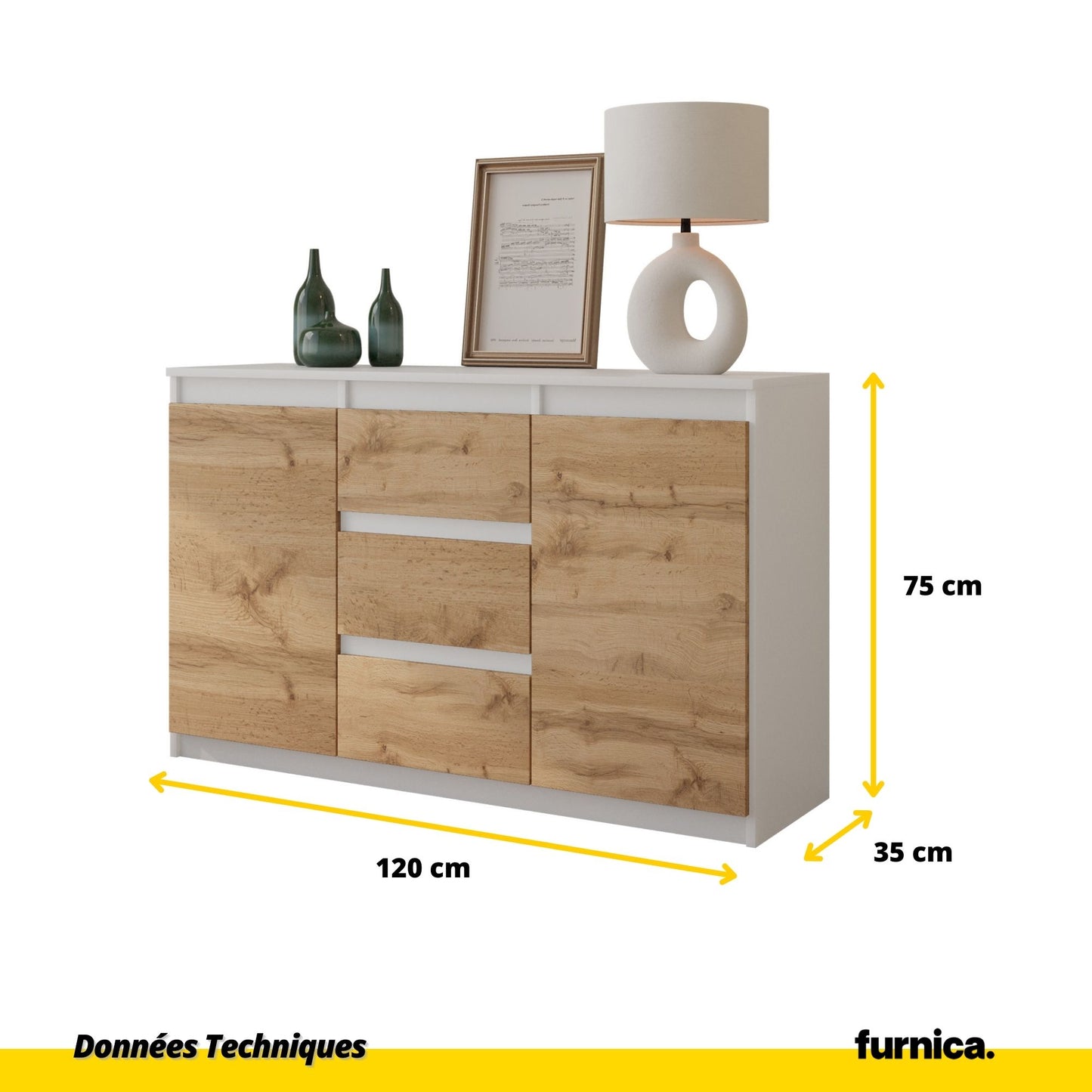 MIKEL - Commode 3 Tiroirs et 2 Portes - Armoire de Rangement pour Couloir/Chambre à Coucher - Buffet - H75cm L120cm P35cm (Blanc/Chêne Wotan)
