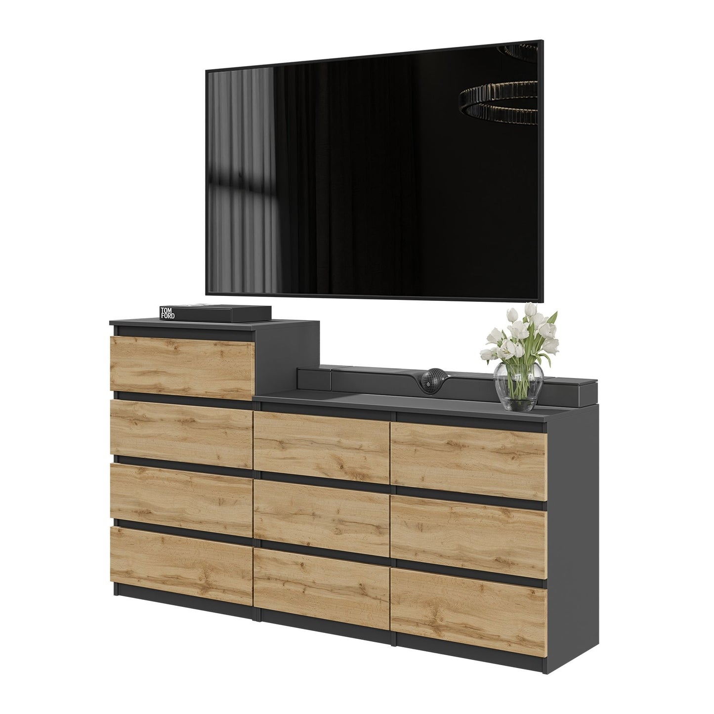 GABRIEL - Commode 10 Tiroirs (6+4) - H92/70 cm L160 cm P33 cm (Anthracite / Chêne Wotan)