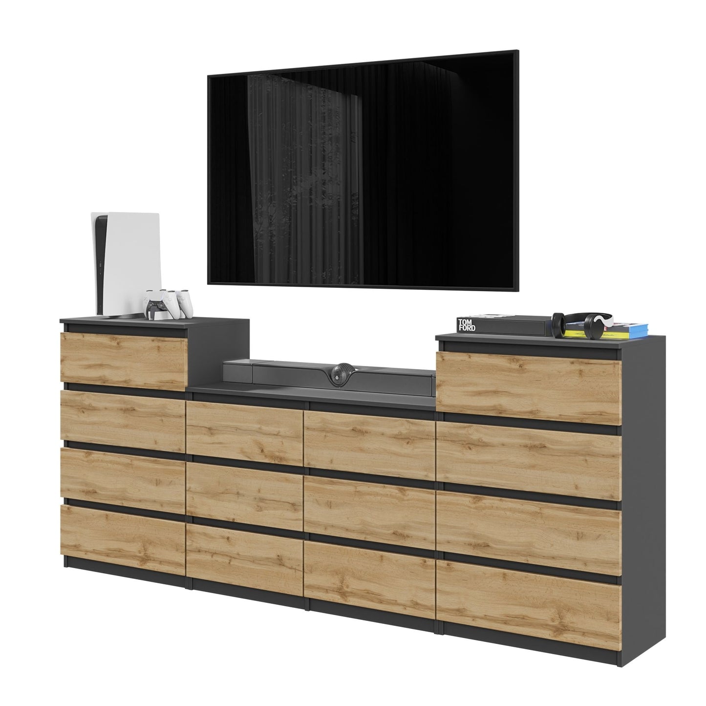 GABRIEL - Commode 14 Tiroirs (4+6+4) - H92cm L220cm P33cm (Anthracite / Chêne Wotan)
