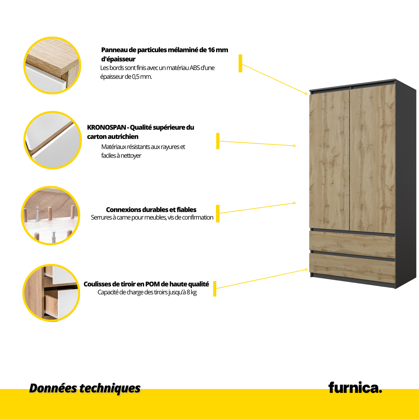 JOELLE - Armoire 2 Portes avec 2 Tiroirs - Anthracite / Chêne Wotan H180cm L90cm P50cm