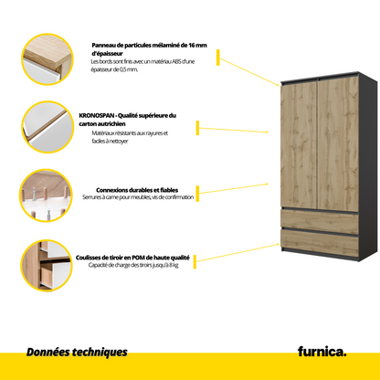 JOELLE - Armoire 2 Portes avec 2 Tiroirs - Anthracite / Chêne Wotan H180cm L90cm P50cm