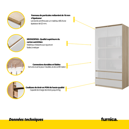 JOELLE - Armoire 2 Portes avec 2 Tiroirs - Chêne Sonoma / Blanc Brillant H180cm L90cm P50cm