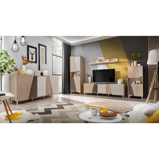 Unité murale VISTE - Ensemble de meubles de salon - Scandi / Truffe / Blanc Brillant