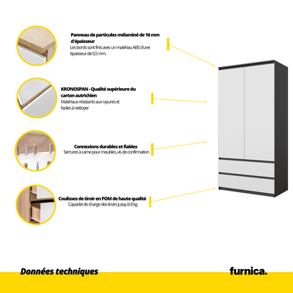 JOELLE - Armoire 2 Portes avec 2 Tiroirs - Anthracite / Blanc Matt H180cm L90cm P50cm