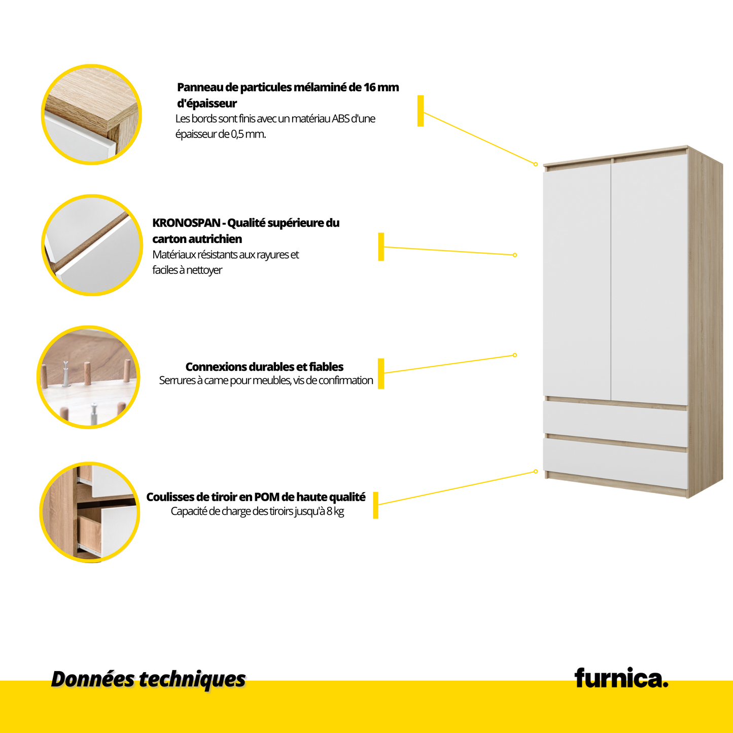 JOELLE - Armoire 2 Portes avec 2 Tiroirs - Chêne Sonoma / Blanc Matt H180cm L90cm P50cm