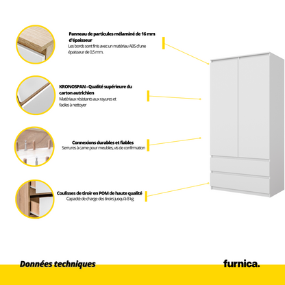 JOELLE - Armoire 2 Portes avec 2 Tiroirs - Blanc Matt H180cm L90cm P50cm