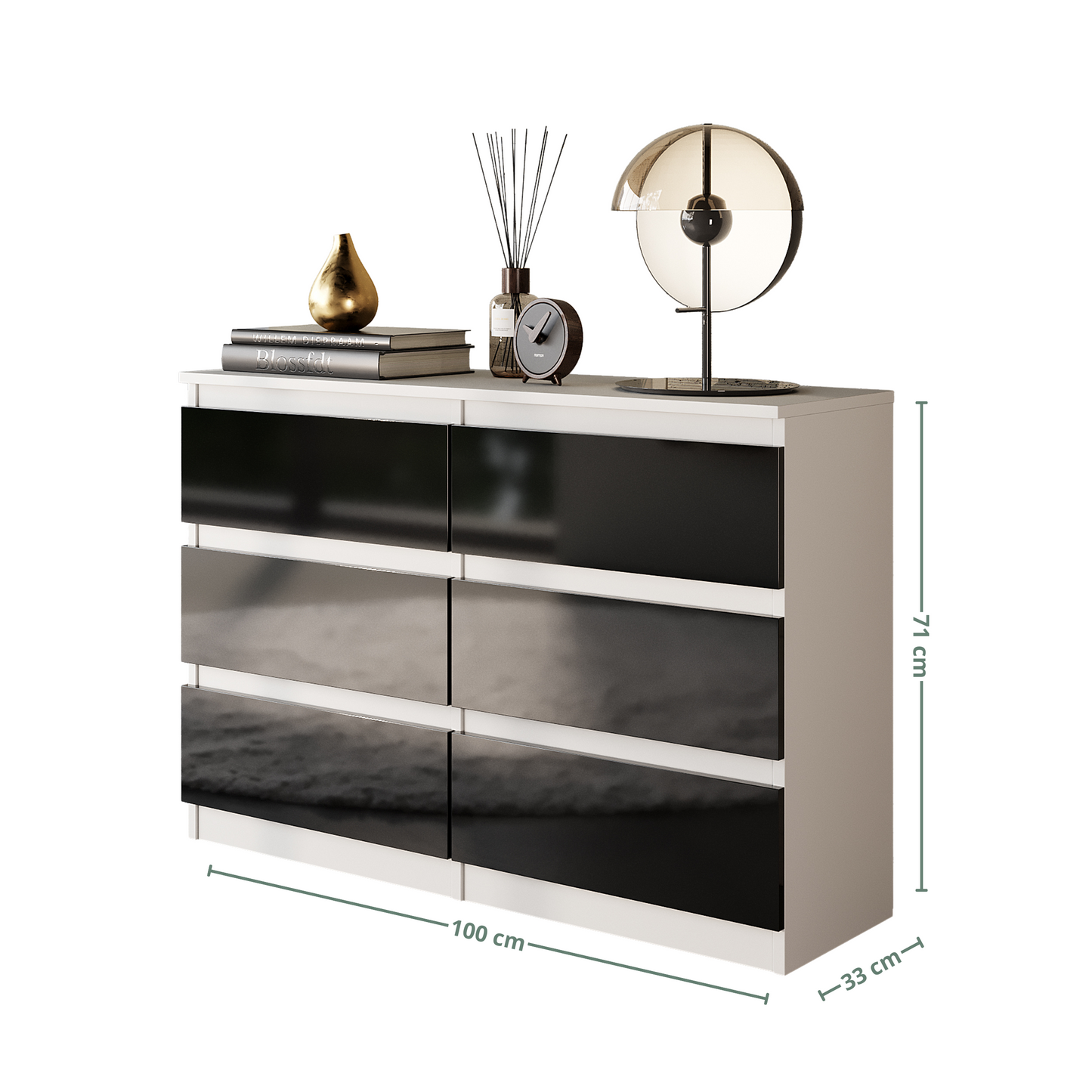 GABRIEL - Commode 6 Tiroirs - Buffet de Chevet - H71 cm L100 cm P33 cm (Blanc / Noir Brillant)