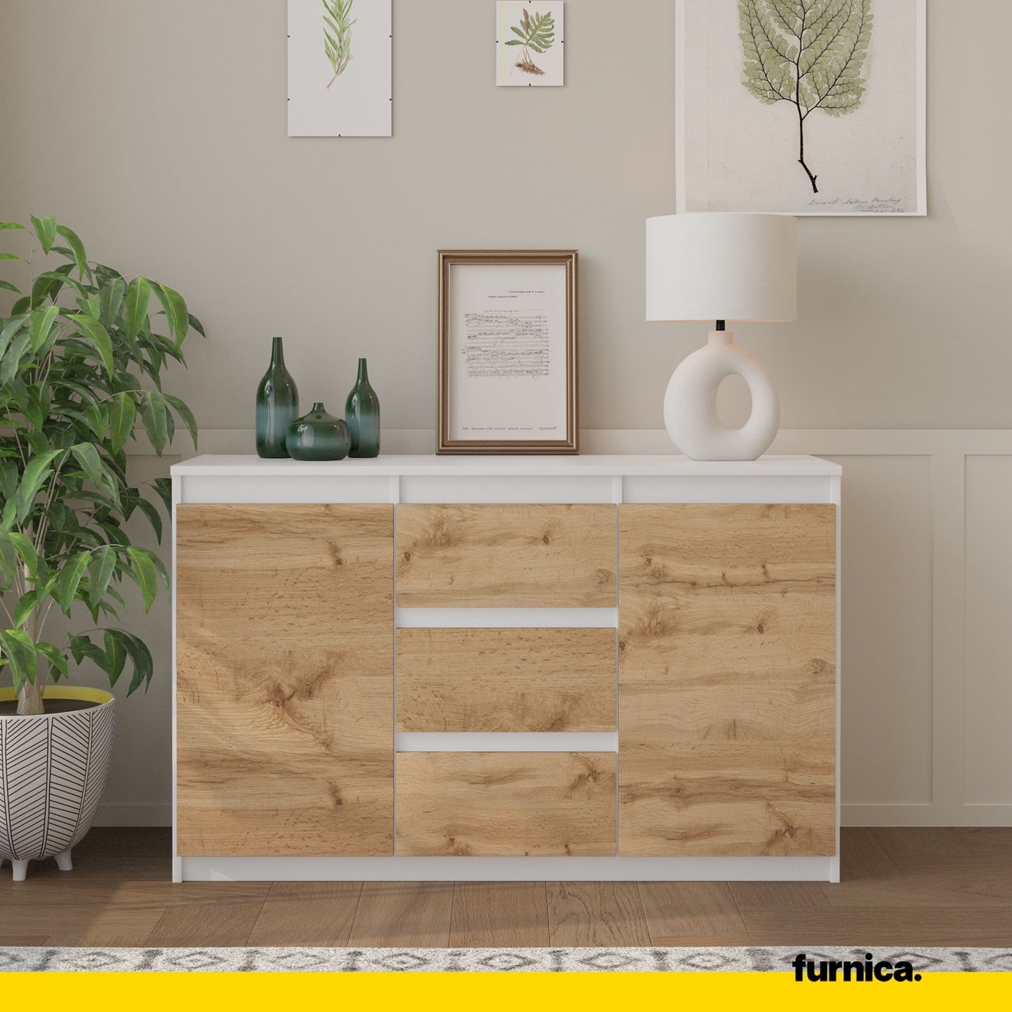 MIKEL - Commode 3 Tiroirs et 2 Portes - Armoire de Rangement pour Couloir/Chambre à Coucher - Buffet - H75cm L120cm P35cm (Blanc/Chêne Wotan)