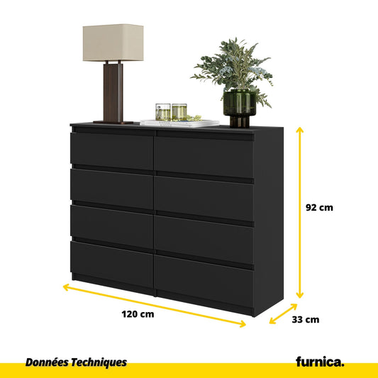 GABRIEL - Commode 8 Tiroirs - Buffet de Chevet - H92 cm L120 cm P33 cm (Noir)