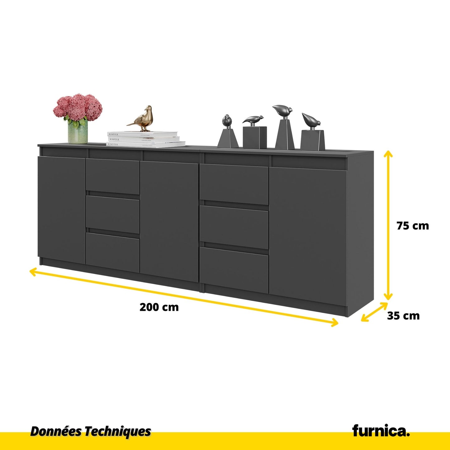 MIKEL - Commode 6 Tiroirs et 3 Portes - Armoire de Rangement pour Couloir / Chambre à Coucher - Buffet - Anthracite H75cm L200cm P35cm