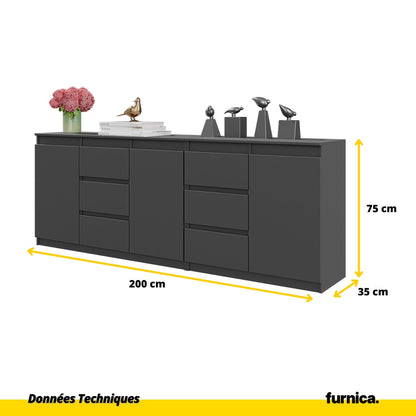 MIKEL - Commode 6 Tiroirs et 3 Portes - Armoire de Rangement pour Couloir / Chambre à Coucher - Buffet - Anthracite H75cm L200cm P35cm