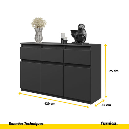NOAH - Commode 3 Tiroirs et 3 Portes - Meuble de Rangement pour Couloir/Chambre - Buffet - H75cm L120cm P35cm (Anthracite)