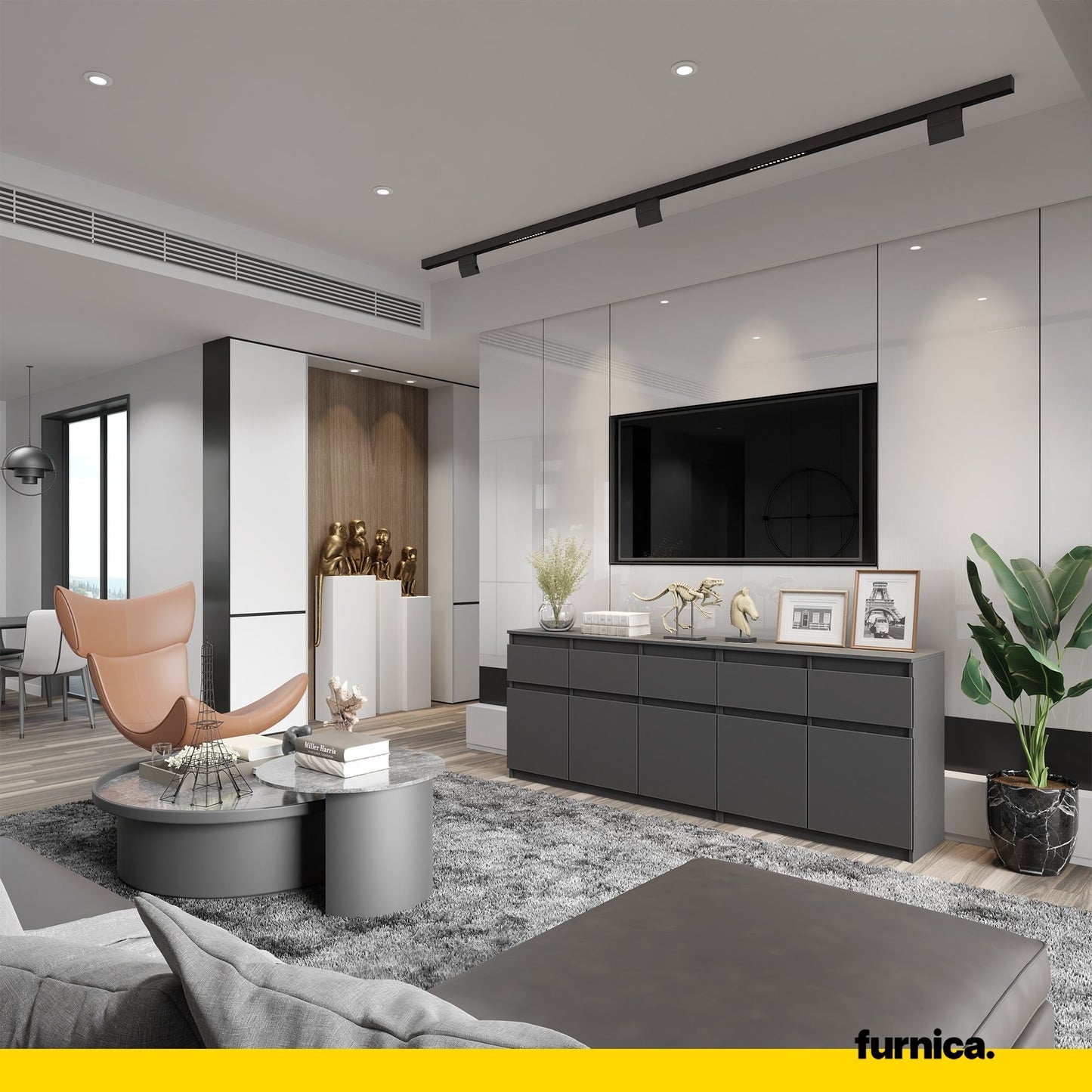 NOAH - Commode 5 Tiroirs et 5 Portes - Armoire de Rangement pour Couloir / Chambre à Coucher - Buffet - Anthracite H75cm L200cm P35cm