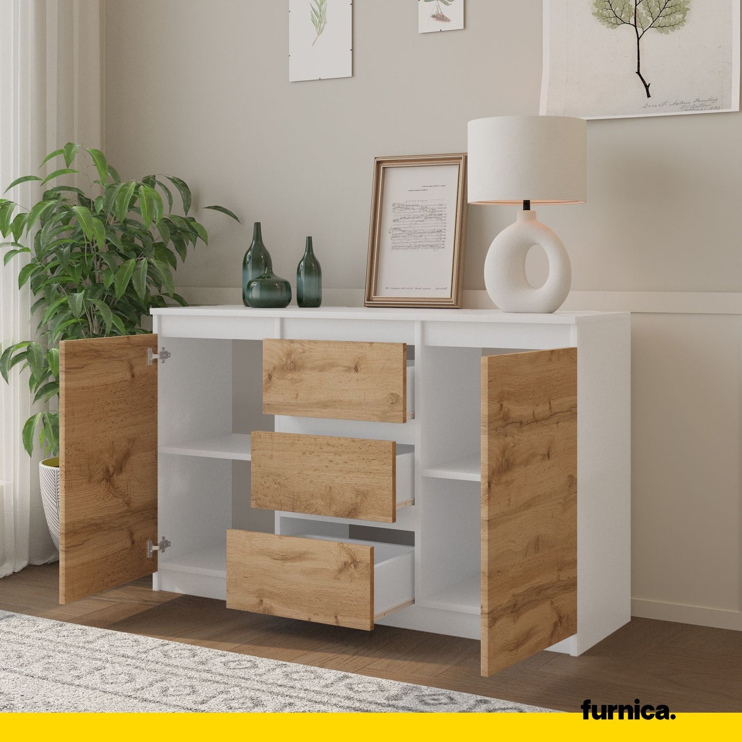 MIKEL - Commode 3 Tiroirs et 2 Portes - Armoire de Rangement pour Couloir/Chambre à Coucher - Buffet - H75cm L120cm P35cm (Blanc/Chêne Wotan)