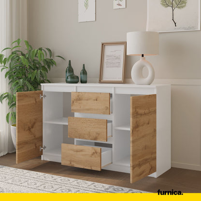 MIKEL - Commode 3 Tiroirs et 2 Portes - Armoire de Rangement pour Couloir/Chambre à Coucher - Buffet - H75cm L120cm P35cm (Blanc/Chêne Wotan)
