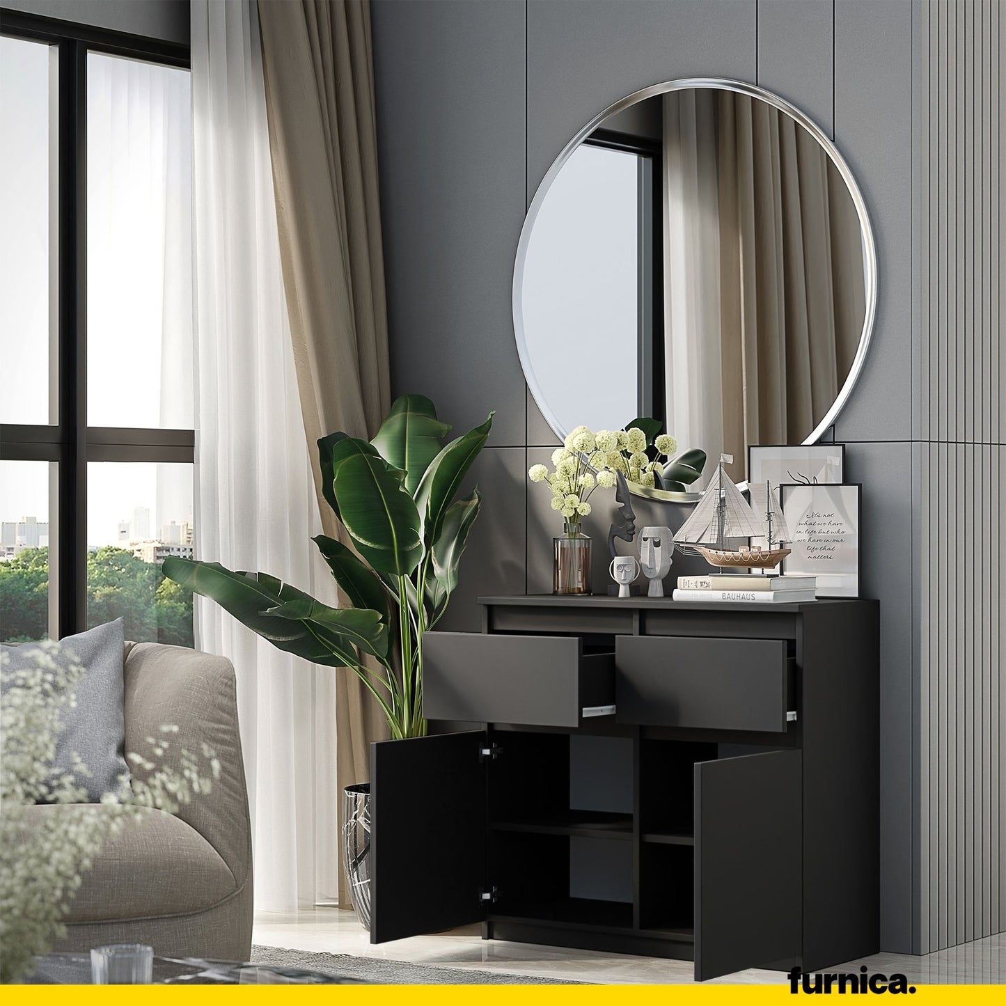 NOAH - Commode 2 Tiroirs et 2 Portes - Meuble de Rangement pour Couloir/Chambre - Buffet - H75cm L80cm P35cm (Anthracite)